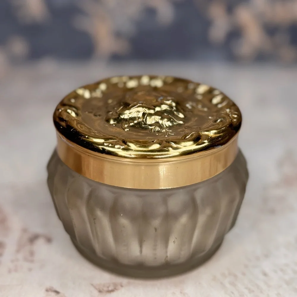 Vintage Estée Lauder Re-Nutriv Frosted Glass Vanity Powder Jar Gold Lid